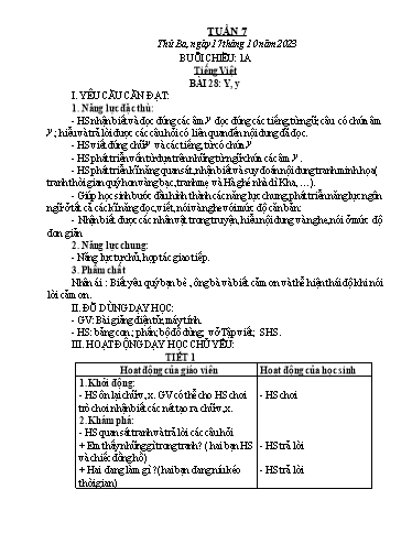 Kế hoạch bài dạy Tiếng Việt Lớp 1 (Kết nối tri thức) - Tuần 7 - Bài 28: Y, y - Năm học 2023-2024 - Trần Thị Tuyết