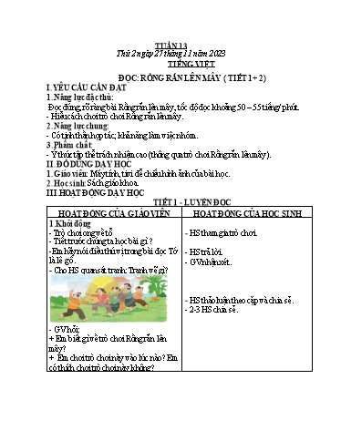 Kế hoạch bài dạy Toán + Tiếng Việt Lớp 1+2 - Tuần 13 - Năm học 2023-2024 - Nguyễn Thị Hải Anh