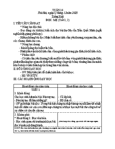 Kế hoạch bài dạy Toán + Tiếng Việt Lớp 1+2 - Tuần 15 - Năm học 2023-2024 - Nguyễn Thị Hải Anh