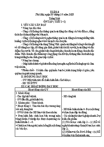 Kế hoạch bài dạy Toán + Tiếng Việt Lớp 1+2 - Tuần 9 - Năm học 2023-2024 - Nguyễn Thị Hải Anh
